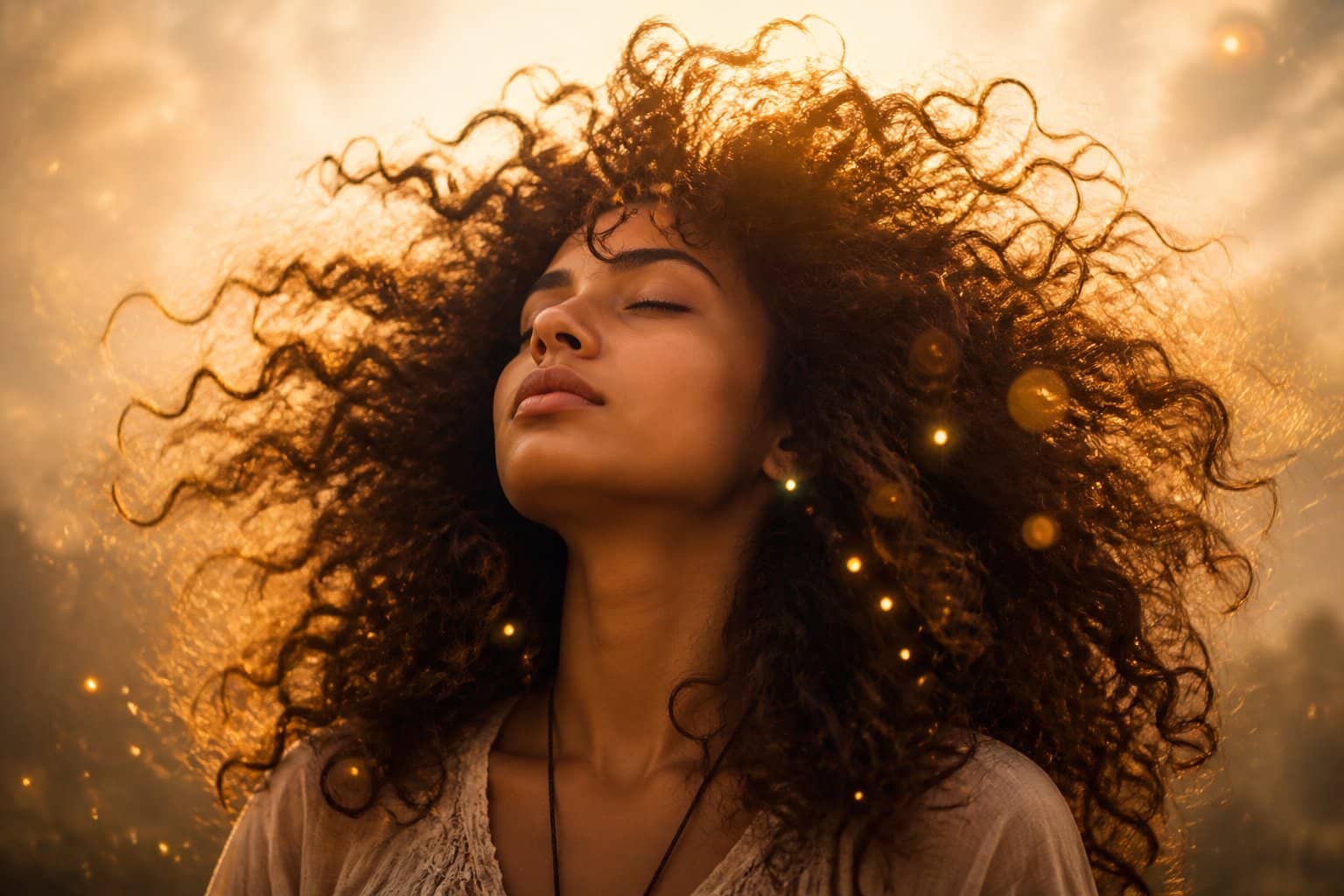 Pessoa com cabelo volumoso e encaracolado, em pose serena com olhos fechados, cercada por luz suave que transmite energia espiritual.