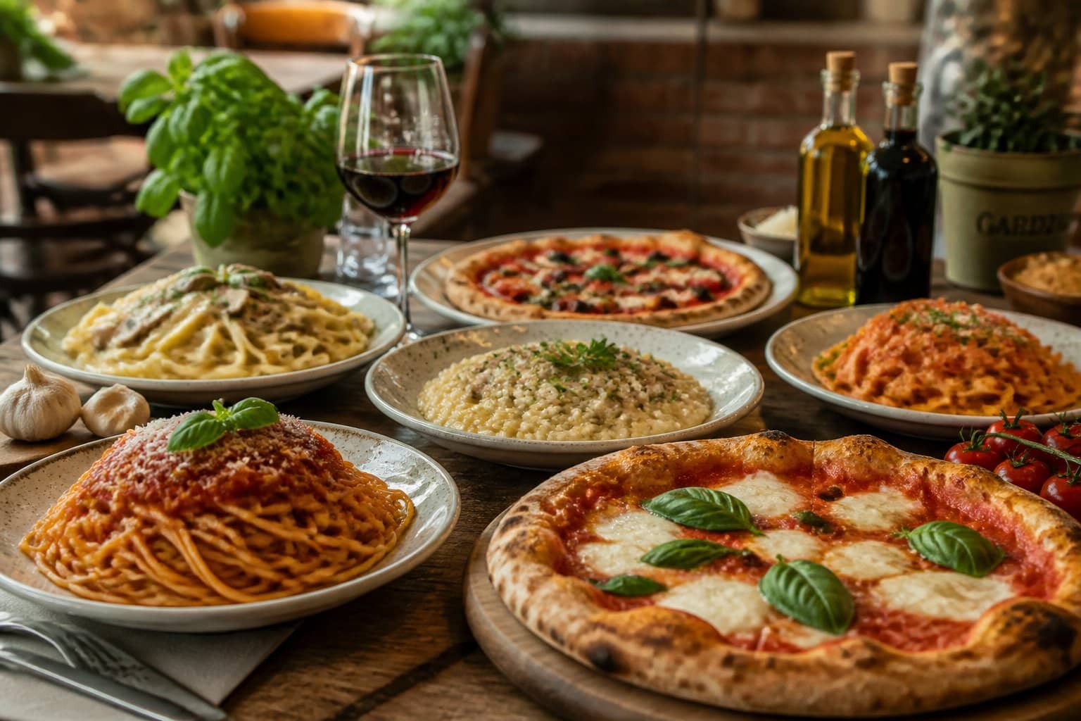 Mesa rústica com pratos tradicionais italianos: massas variadas, risoto cremoso e pizzas com ingredientes frescos, acompanhados de vinho tinto e ervas.