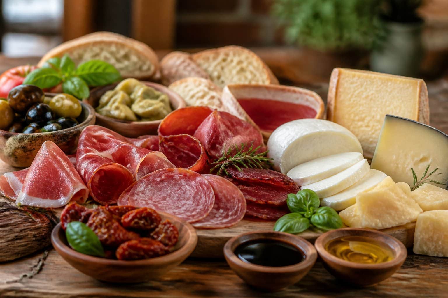 Mesa com uma variedade de carnes curadas, queijos italianos, azeitonas, tomates secos e pão, representando comidas típicas da Itália.