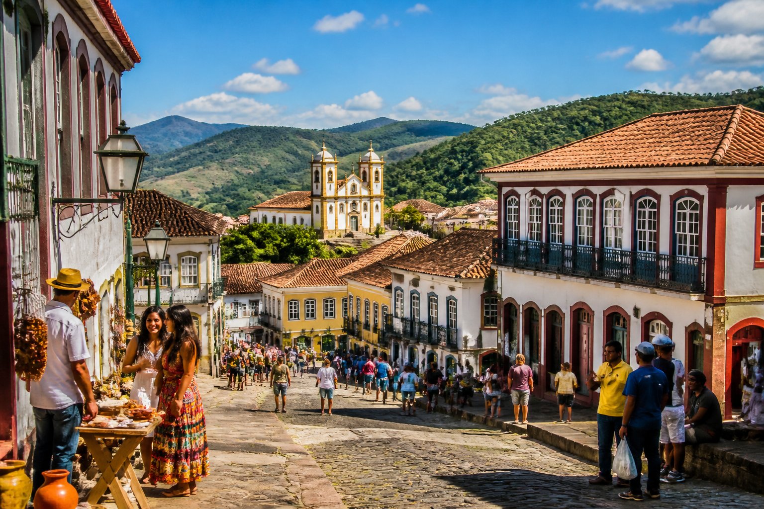 Vista de uma cidade histórica próxima a Belo Horizonte com arquitetura colonial, ruas de paralelepípedo, pessoas e colinas ao fundo.