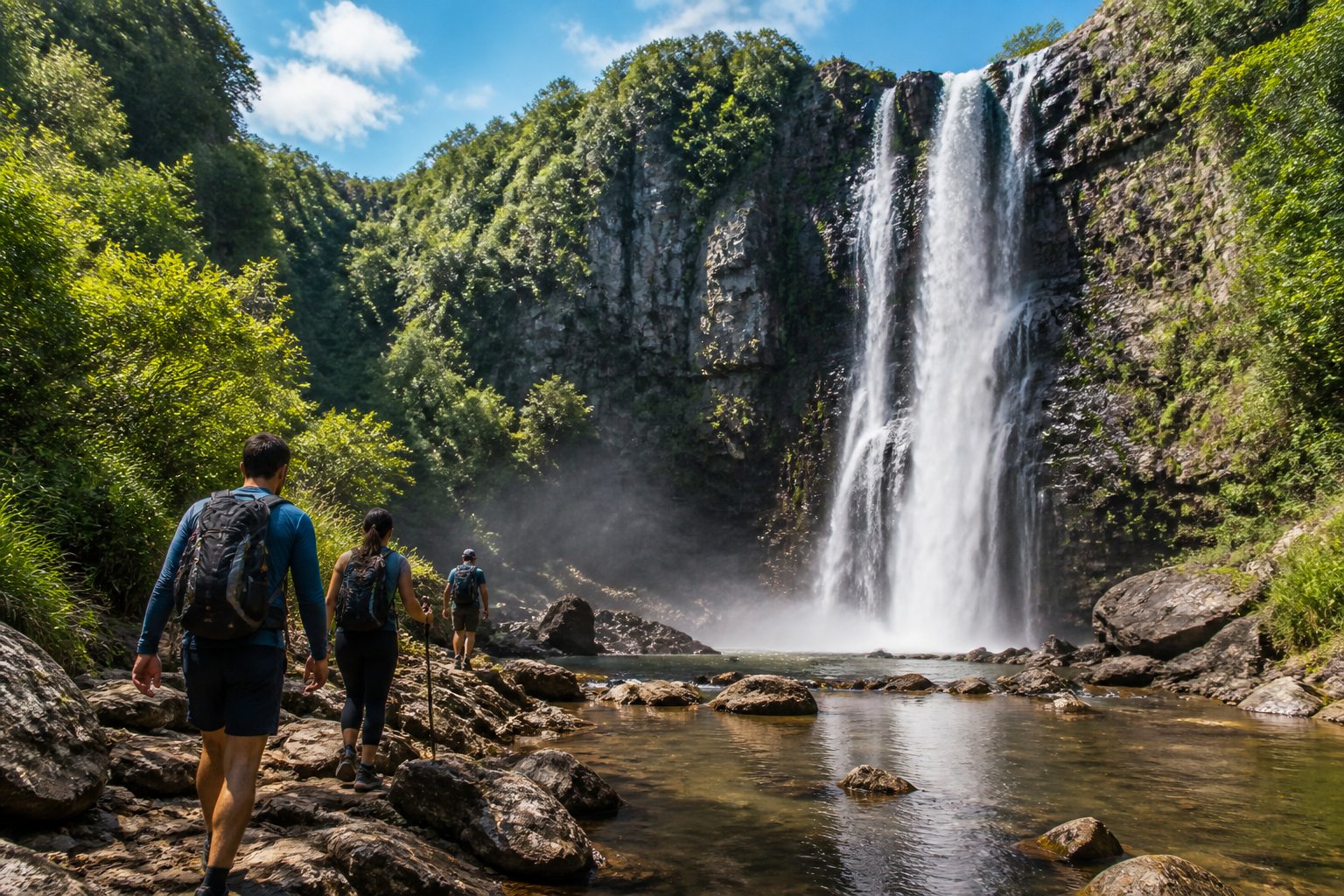 Cachoeira cercada por vegetação verde com pessoas explorando a natureza ao redor.