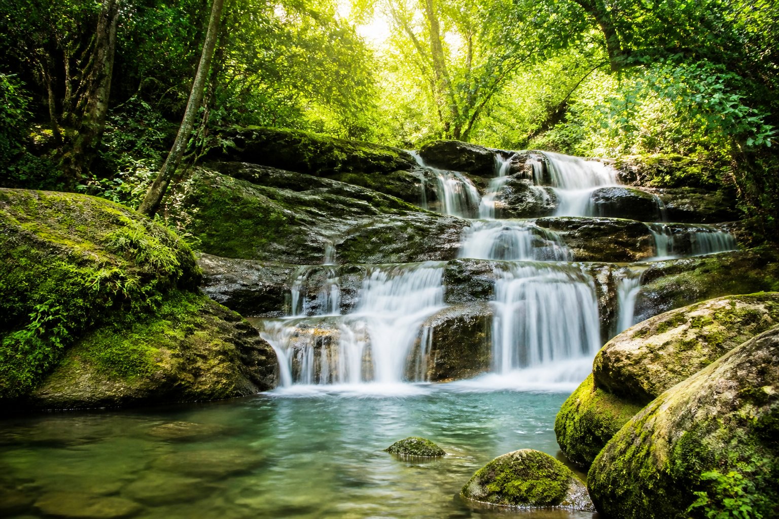 Cachoeira tranquila cercada por vegetação verde e água cristalina formando uma piscina natural.