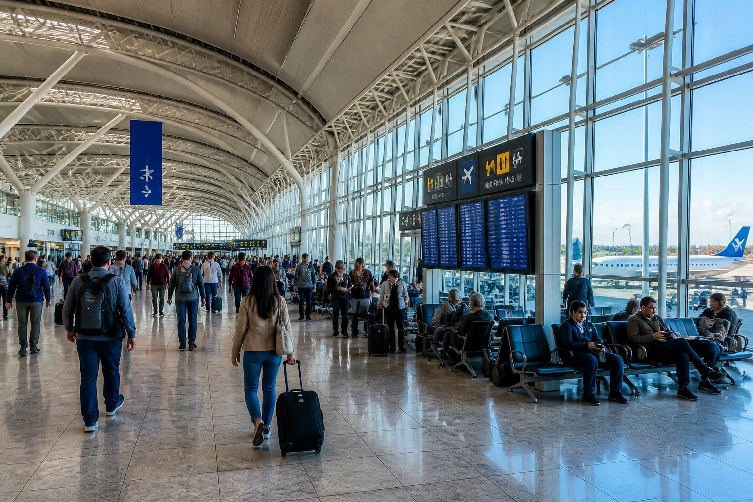 Interior movimentado de um terminal de aeroporto em Buenos Aires com passageiros caminhando e aviões ao fundo.