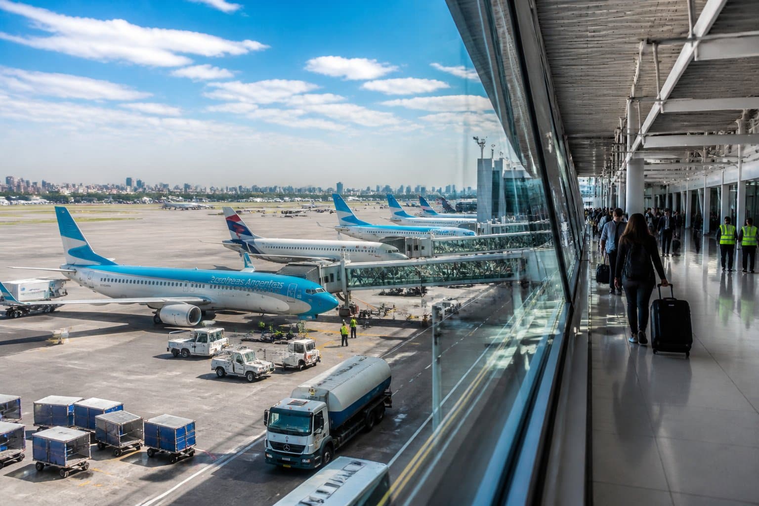 Terminal de aeroporto moderno e movimentado em Buenos Aires com aviões estacionados, passageiros e funcionários em atividade.