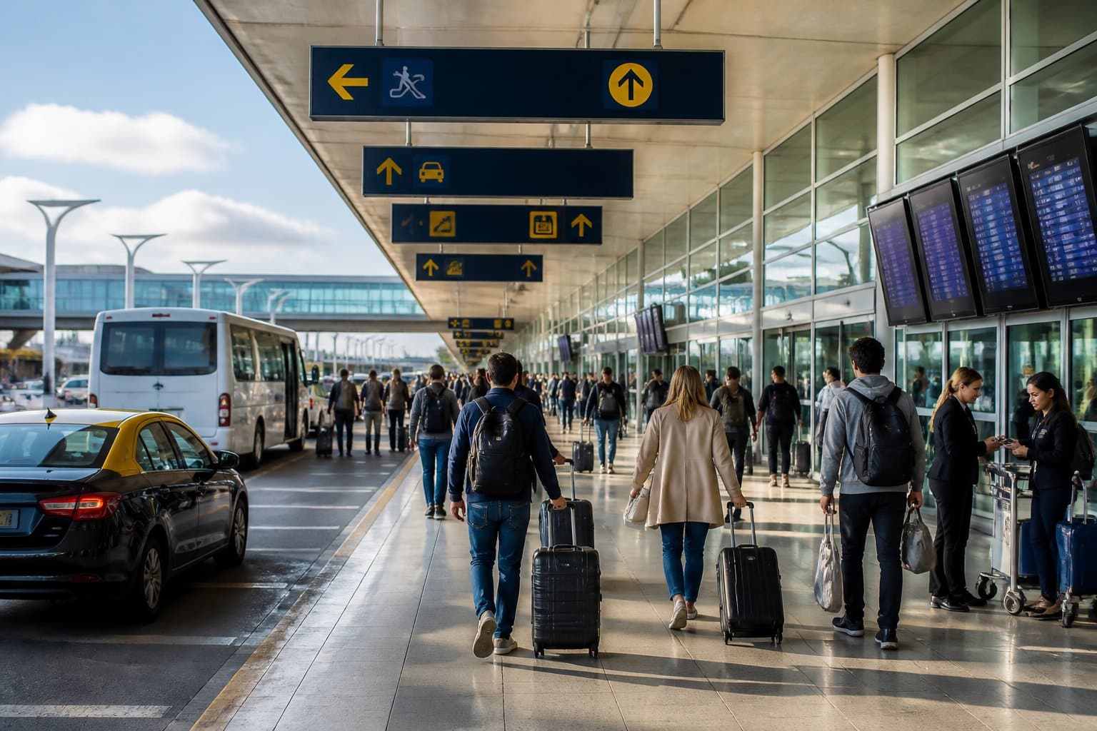 Terminal de aeroporto moderno em Buenos Aires com passageiros caminhando, veículos de transporte e acesso ao centro da cidade.