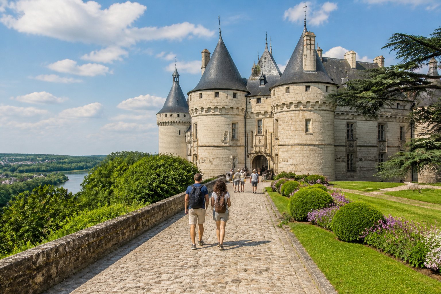 Castelo histórico medieval rodeado por jardins verdes e céu azul, com visitantes caminhando por um caminho de pedra em um dia ensolarado.