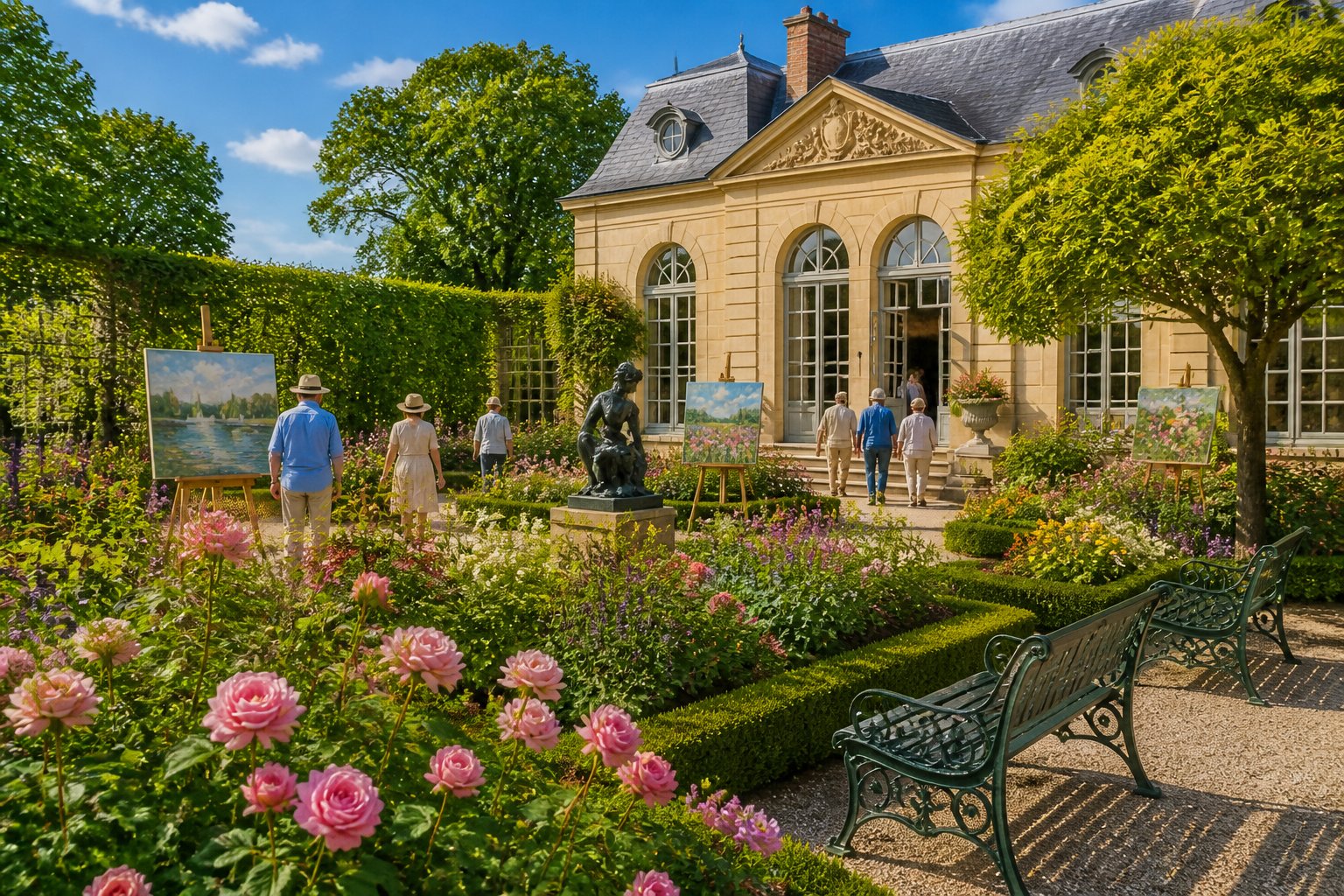 Jardim francês bem cuidado com flores coloridas, pessoas caminhando e um prédio antigo ao fundo, mostrando um passeio cultural próximo a Paris.