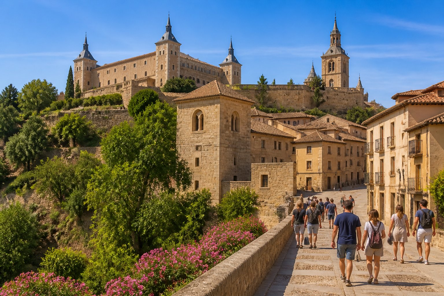 Vista panorâmica de uma cidade histórica próxima a Madrid com monumentos antigos, ruas de pedra e pessoas explorando o local sob um céu azul claro.