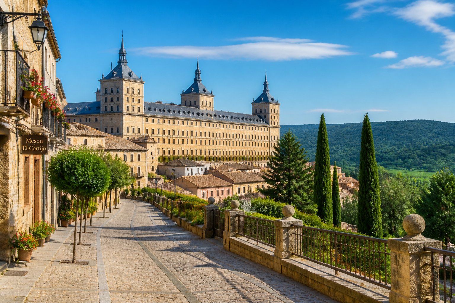 Palácios elegantes cercados por natureza verde e céu azul em cidades próximas a Madrid.