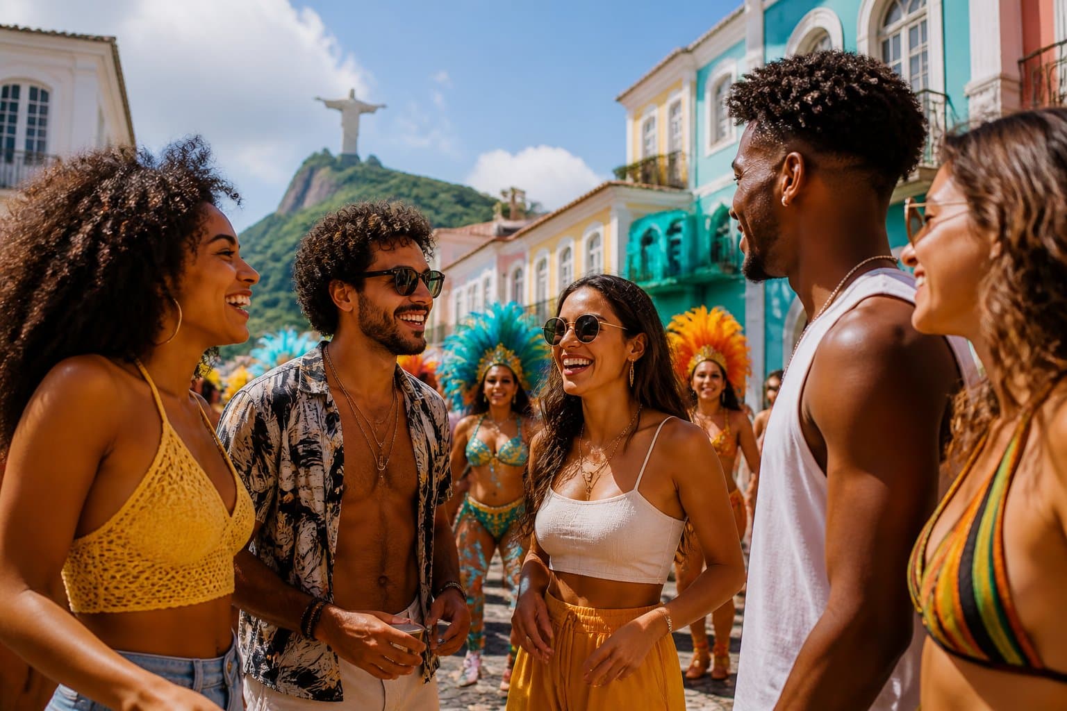 Grupo de jovens cariocas conversando e sorrindo em uma rua colorida do Rio de Janeiro com o Cristo Redentor ao fundo.