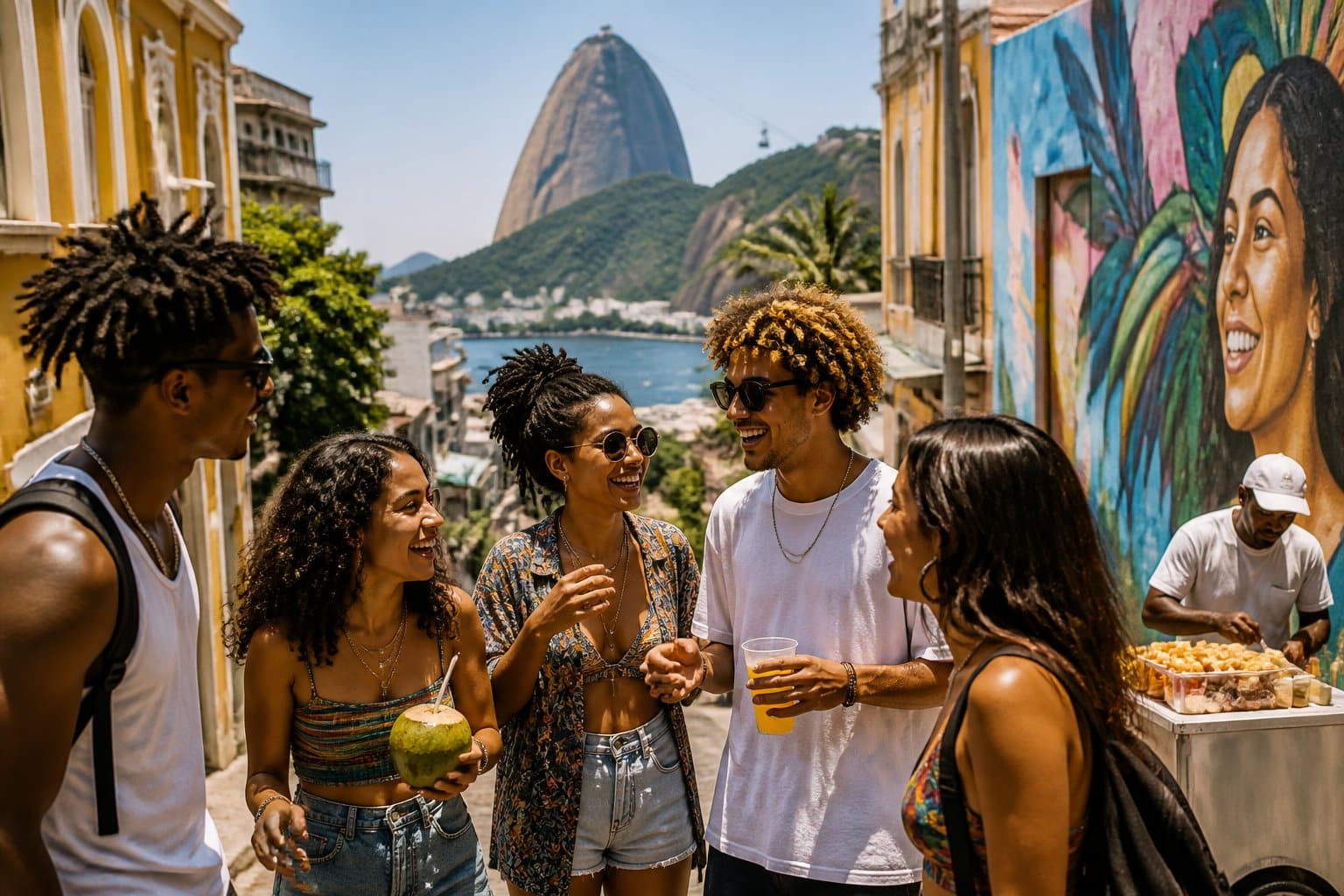 Jovens conversando animadamente em uma rua do Rio de Janeiro com prédios coloridos e o Pão de Açúcar ao fundo.