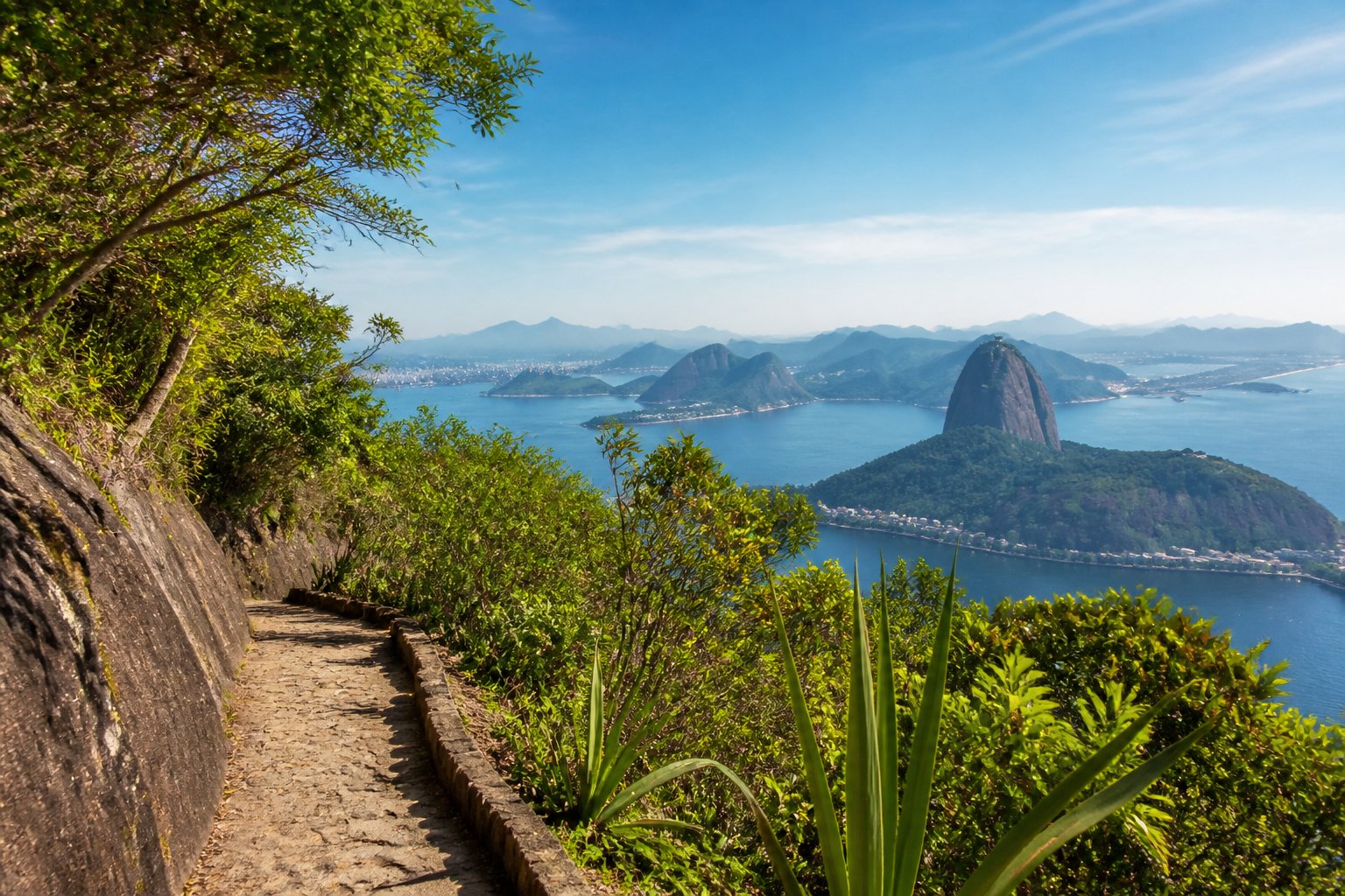 Trilha cercada por vegetação verde no Morro da Urca com vista para o Pão de Açúcar e a Baía de Guanabara ao fundo.