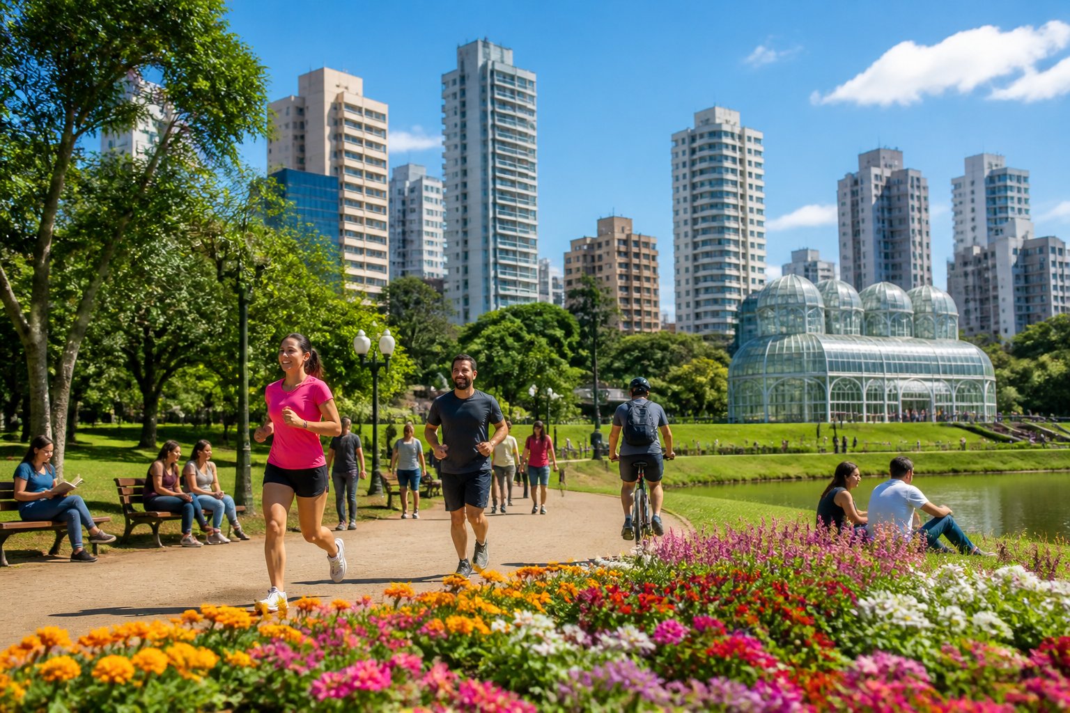 Pessoas aproveitando um parque urbano ensolarado em Curitiba, com árvores verdes, flores coloridas e edifícios modernos ao fundo.