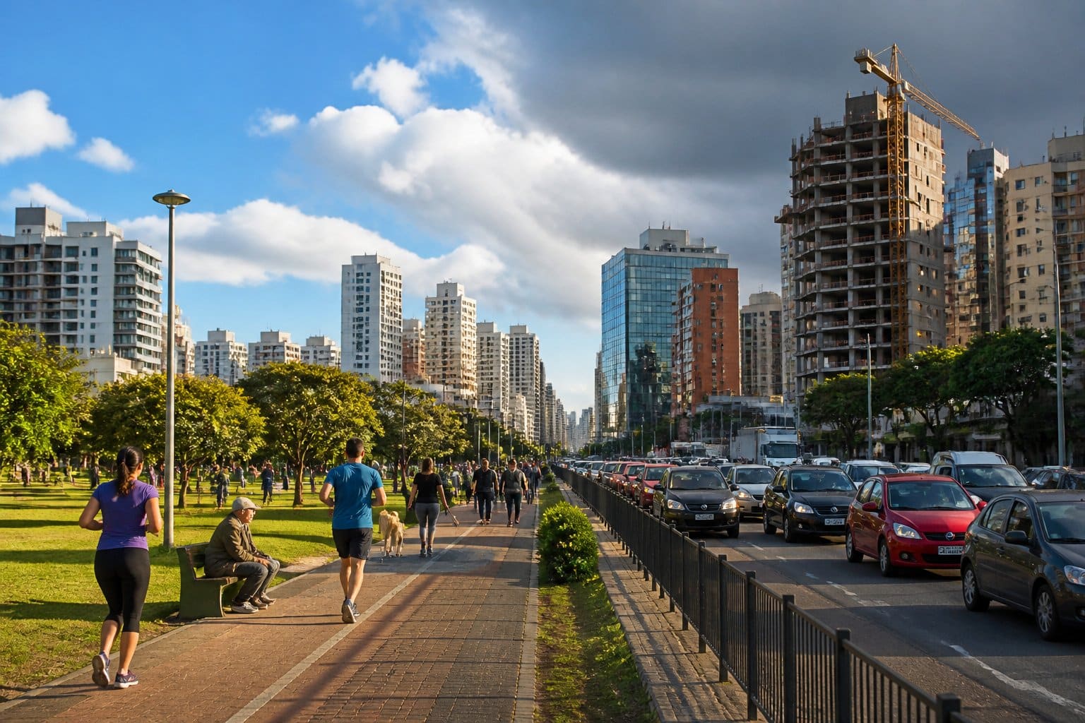 Cena urbana em Curitiba mostrando prédios residenciais, pessoas em atividades ao ar livre, trânsito e obras, refletindo vantagens e desafios de morar na cidade.